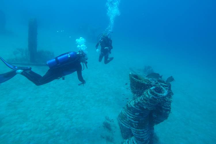 potentially AI generated image of sculpture underwater with scuba diver in background